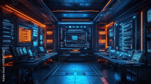 Futuristic server room with glowing monitors displaying code and data.