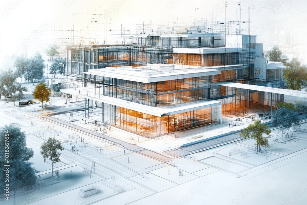 Fototapeta premium Architectural rendering of a modern building with glass facade and blue sky in the background.