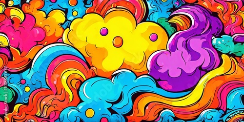 A colorful, psychedelic painting of a cloud with a yellow flower in the middle