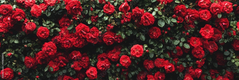 Vibrant red rose hedge flourishing under a clear blue sky, showcasing nature's beauty and the richness of blooming flowers Vibrant red rose hedge flourishing under a clear blue sky, showcasing nature's beauty and the richness of blooming flowers