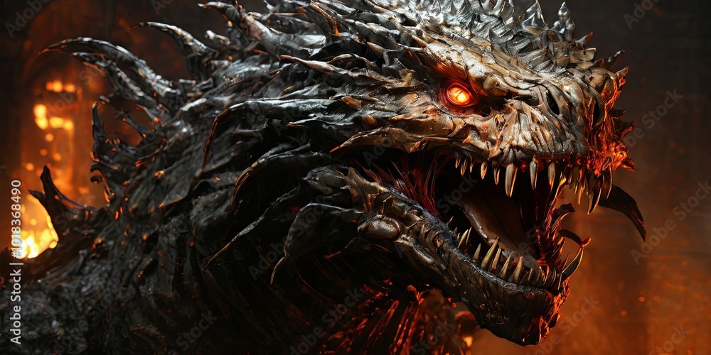 A large, menacing looking monster with red eyes and sharp teeth A large, menacing looking monster with red eyes and sharp teeth