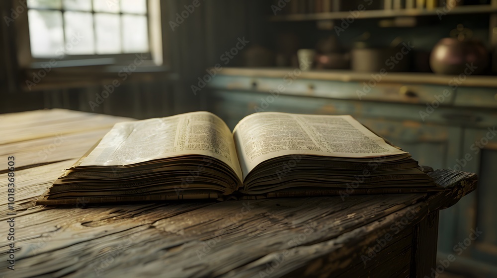 Obraz premium Open Book on Rustic Wooden Table