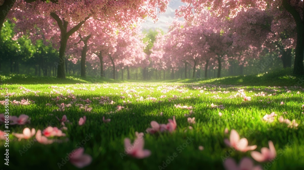 Obraz premium A field of lush green grass blanketed by fallen sakura petals, with the trees above still covered in vibrant pink blossoms
