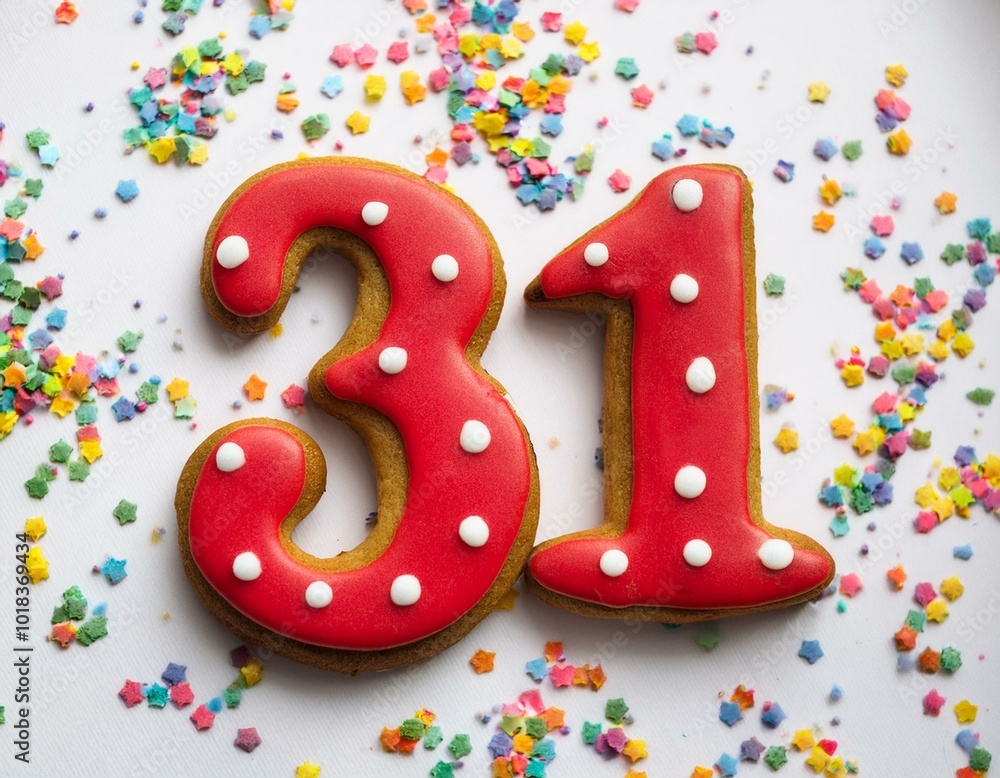 Decorated cookie, number 31, image for birthday or anniversary celebration Decorated cookie, number 31, image for birthday or anniversary celebration