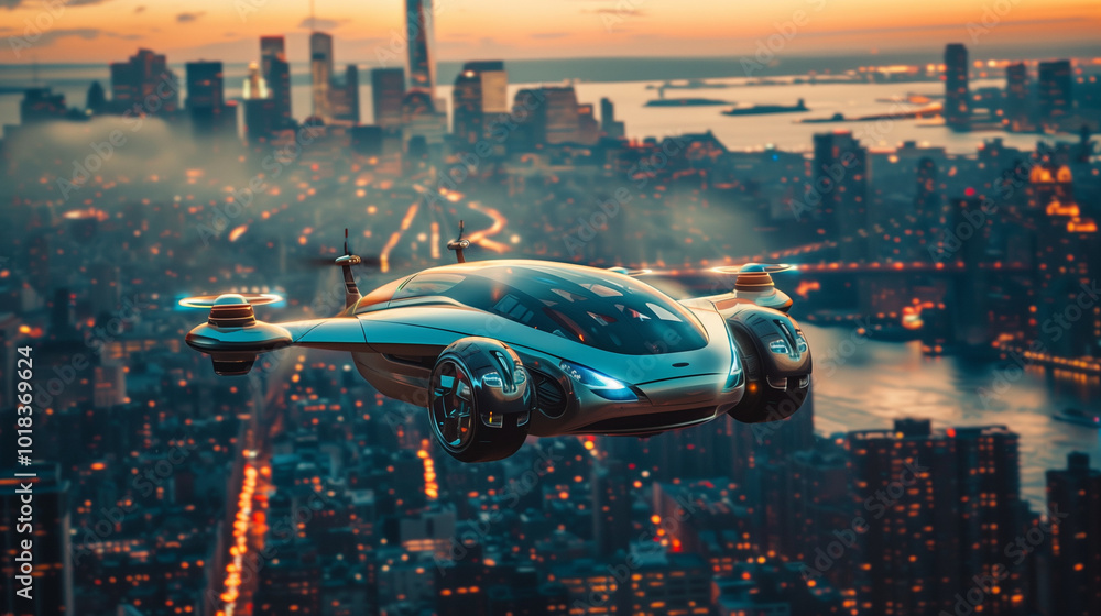 white flying car with blue lights soars over the city, in a cinematic shot with a futuristic, sci-fi style. The cyberpunk city backdrop. future of logistics and transport white flying car with blue lights soars over the city, in a cinematic shot with a futuristic, sci-fi style. The cyberpunk city backdrop. future of logistics and transport