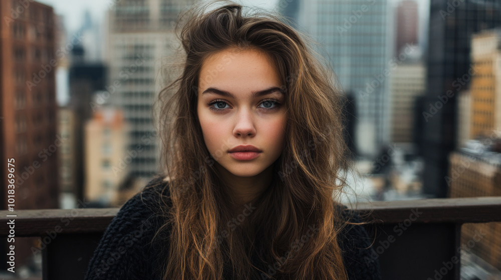 Captivating Urban Portrait A Young Woman Against a City Skyline Backdrop Captivating Urban Portrait A Young Woman Against a City Skyline Backdrop