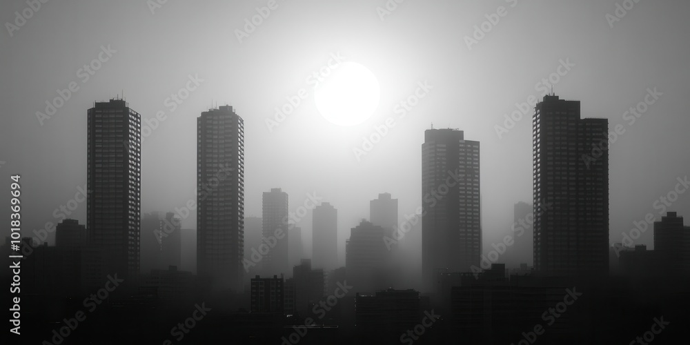 Fototapeta premium Silhouettes of towering buildings against a hazy sky with a bright, sun-like orb obscuring its details