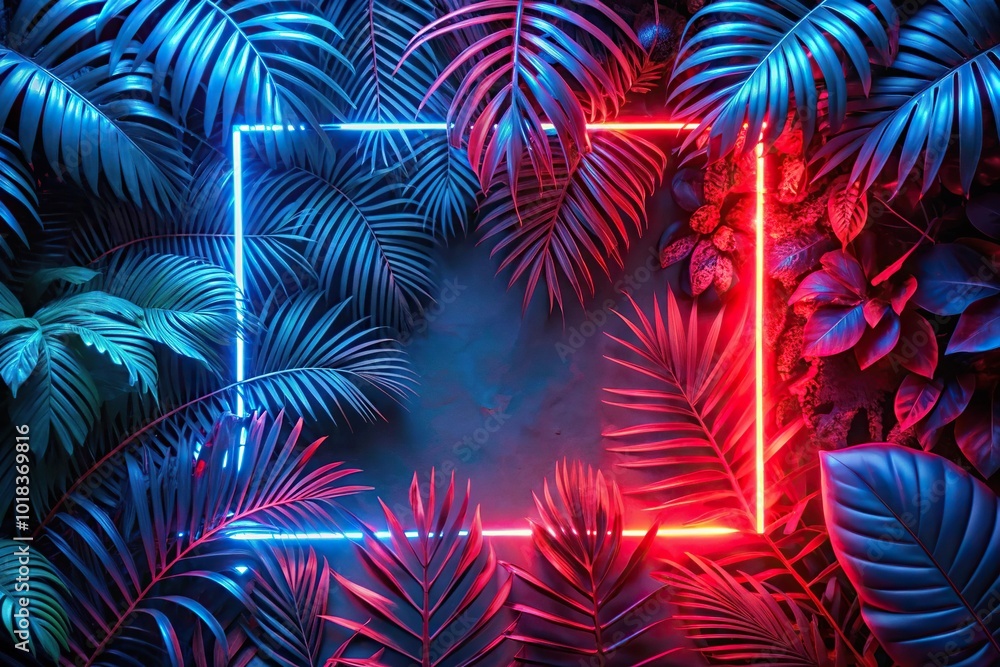 Neon light frame with tropical leaves in extreme close-up Neon light frame with tropical leaves in extreme close-up