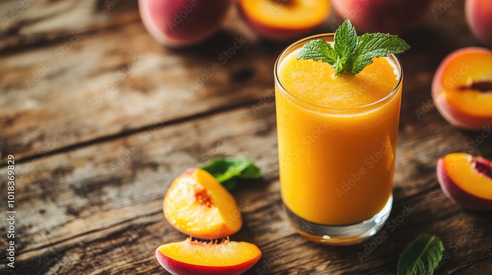 A glass of peach smoothie with a mint garnish, placed on a rustic wooden table with fresh peaches and sliced fruit around A glass of peach smoothie with a mint garnish, placed on a rustic wooden table with fresh peaches and sliced fruit around