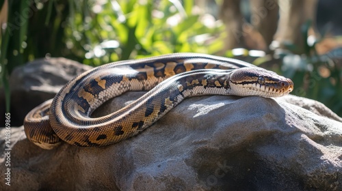 A large python basking on a rock in the sun, its long body stretching out with intricate scale patterns visible in detail. photo