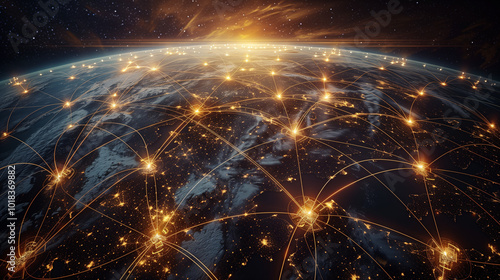 World internet and electricity communications illustratio from space on planet earth advanced technologies, futuristic astronautics background, space for text