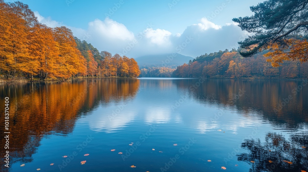 A tranquil lake surrounded by trees with vibrant autumn foliage, reflecting the sky and clouds in its still waters. A tranquil lake surrounded by trees with vibrant autumn foliage, reflecting the sky and clouds in its still waters.