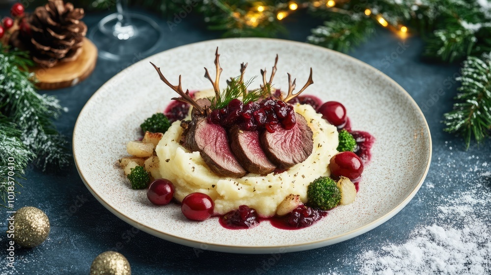 A gourmet dish of reindeer topped with a drizzle of cranberry sauce and served with truffle mashed potatoes and seasonal vegetables A gourmet dish of reindeer topped with a drizzle of cranberry sauce and served with truffle mashed potatoes and seasonal vegetables