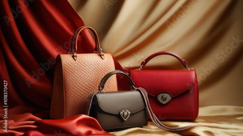Professional product photography of stylish handbags | Arranged on a chic fabric background