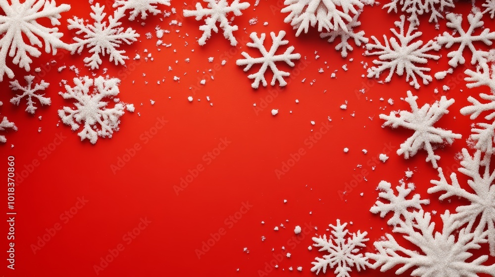 Bright, glowing snowflakes scattered across a festive red background with space for text, creating a celebratory banner Bright, glowing snowflakes scattered across a festive red background with space for text, creating a celebratory banner