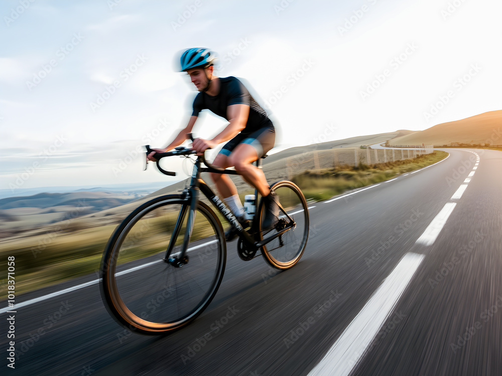 Cyclist Riding a Mountain Bike on an Asphalt Road at Sunset Cyclist Riding a Mountain Bike on an Asphalt Road at Sunset