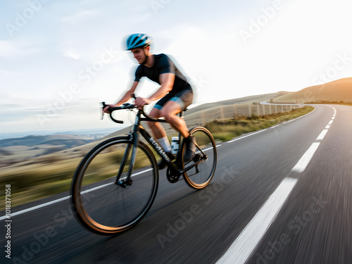 Cyclist Riding a Mountain Bike on an Asphalt Road at Sunset