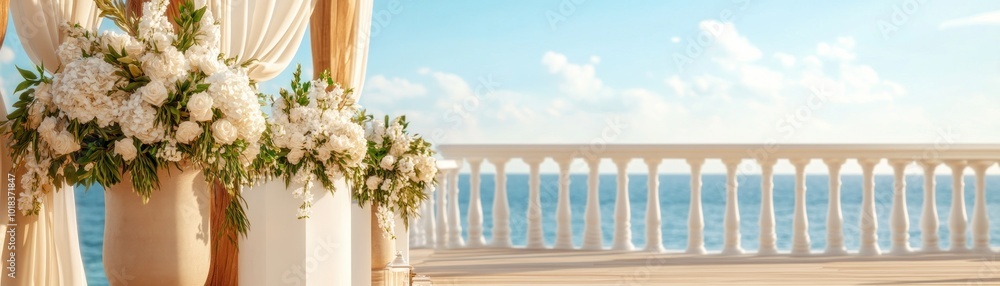 Romantic Beach Wedding Ceremony Setup with White Flowers and Soft Drapes, Elegant Oceanside Wedding Decor Inspiration