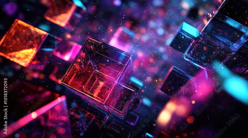 Futuristic abstract illustration of neon cubes and geometric structures on a dark background Futuristic abstract illustration of neon cubes and geometric structures on a dark background