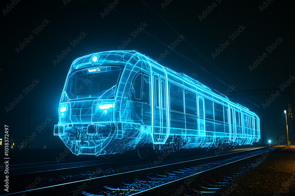 image of an ethereal, transparent train with a blue glow, depicted in a night scene with a glowing neon outline image of an ethereal, transparent train with a blue glow, depicted in a night scene with a glowing neon outline
