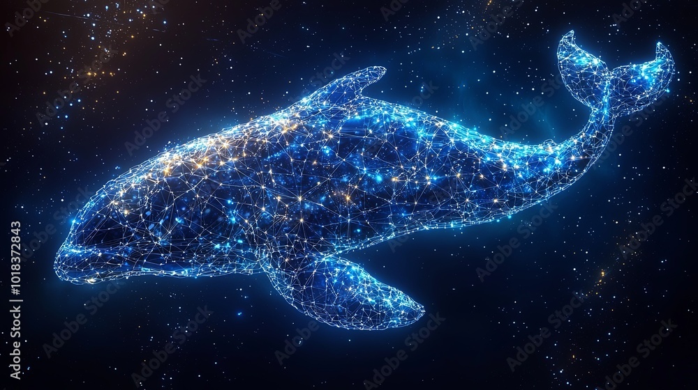 An enchanting blue whale, glowing with networks of light, drifts through a digital nightscape filled with stars—merging nature with artistic technologic elements. An enchanting blue whale, glowing with networks of light, drifts through a digital nightscape filled with stars—merging nature with artistic technologic elements.