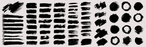 Brush strokes vector. Long, rectangle, round and swoosh painted shapes and textured frames.