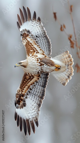 Rough-legged hawk soaring through winter skies