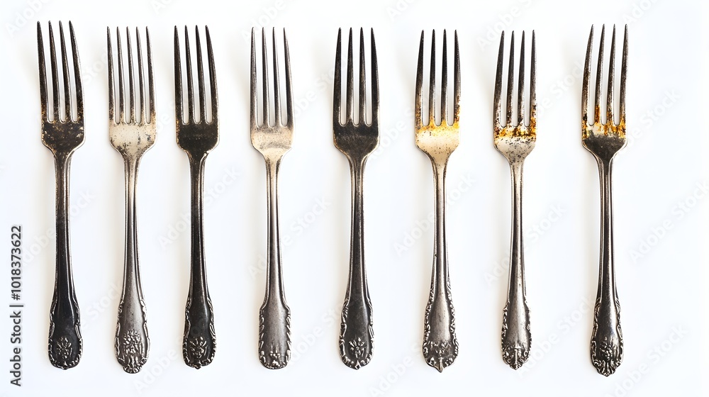 Antique Silver Forks Set of Seven Isolated on White Background Antique Silver Forks Set of Seven Isolated on White Background