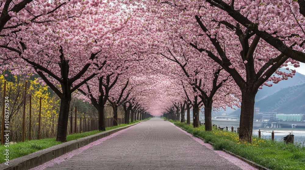 A pathway lined with sakura trees in full bloom, their branches forming a natural pink canopy over the walkway, with soft petals covering the ground A pathway lined with sakura trees in full bloom, their branches forming a natural pink canopy over the walkway, with soft petals covering the ground
