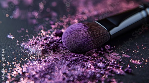 Purple eye shadow with shimmer and a makeup brush on a dark background. Beauty concept.