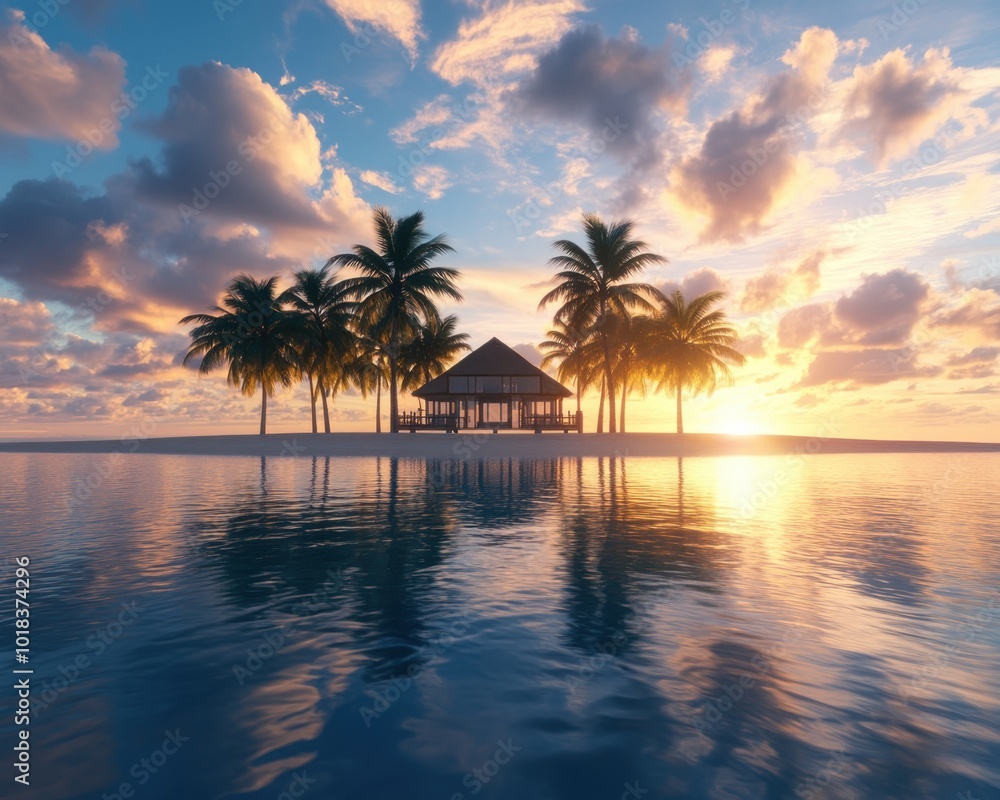 Tranquil Tropical Paradise Serene Palm Trees on a Secluded Beach with a Stunning Sunset Reflection, A Perfect Escape to Nature's Beauty Tranquil Tropical Paradise Serene Palm Trees on a Secluded Beach with a Stunning Sunset Reflection, A Perfect Escape to Nature's Beauty