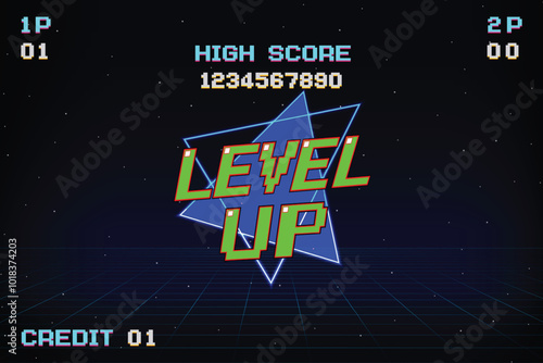 LEVEL UP. press start button. pixel art .8 bit game. retro game. for game assets .Retro Futurism Sci-Fi Background. glowing neon grid. and stars from vintage arcade computer games