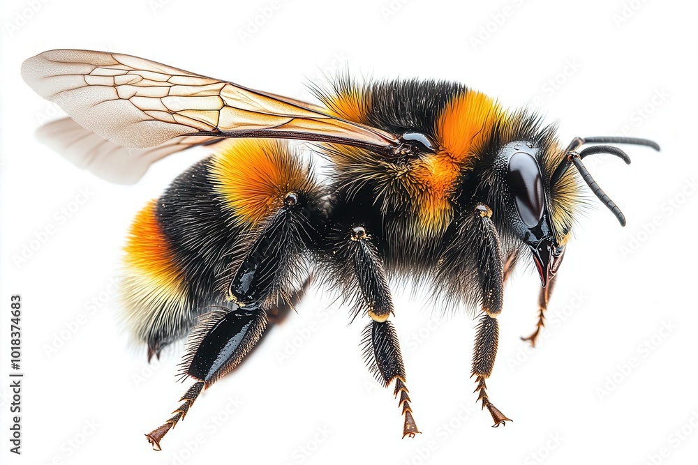 hyperdetailed macro photograph of bumblebee in flight iridescent wings and fuzzy body isolated on pure white background hyperdetailed macro photograph of bumblebee in flight iridescent wings and fuzzy body isolated on pure white background