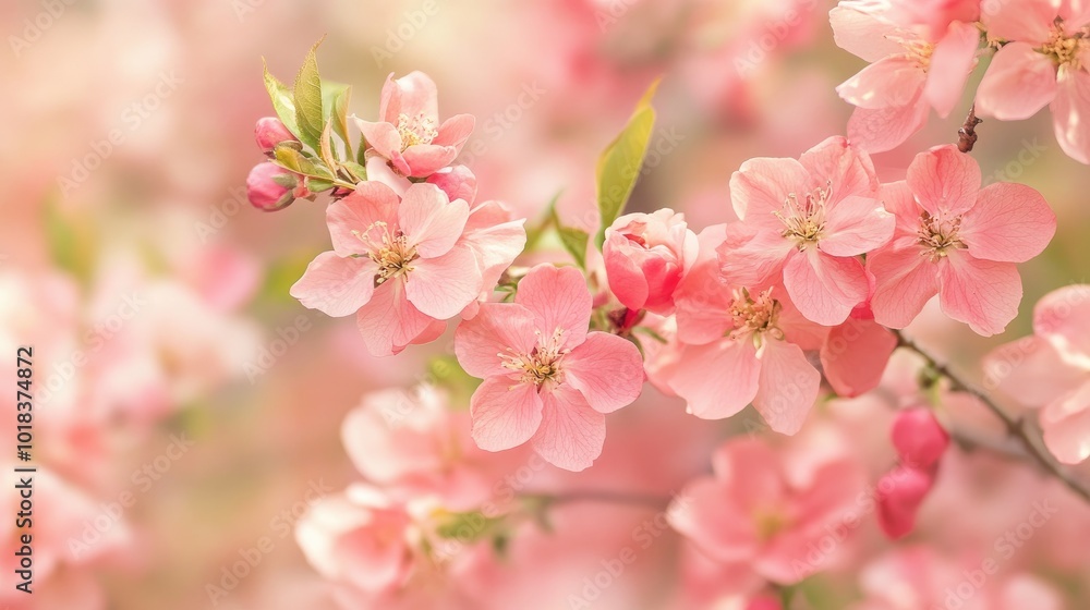 A peach tree in full bloom, its branches covered in delicate pink flowers, symbolizing the start of spring A peach tree in full bloom, its branches covered in delicate pink flowers, symbolizing the start of spring