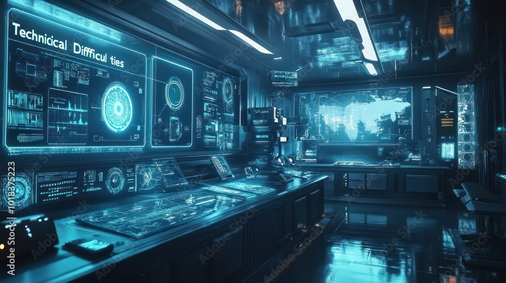 Futuristic control room with advanced technology and monitors displaying data and maps. Futuristic control room with advanced technology and monitors displaying data and maps.