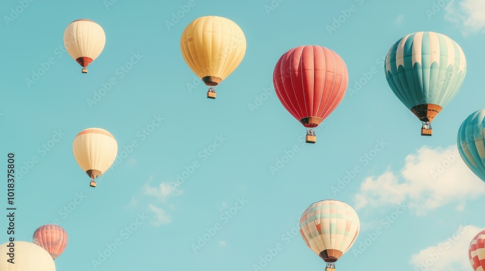 Obraz premium Colorful hot air balloons soaring against a clear blue sky create a whimsical and uplifting scene of adventure and freedom.