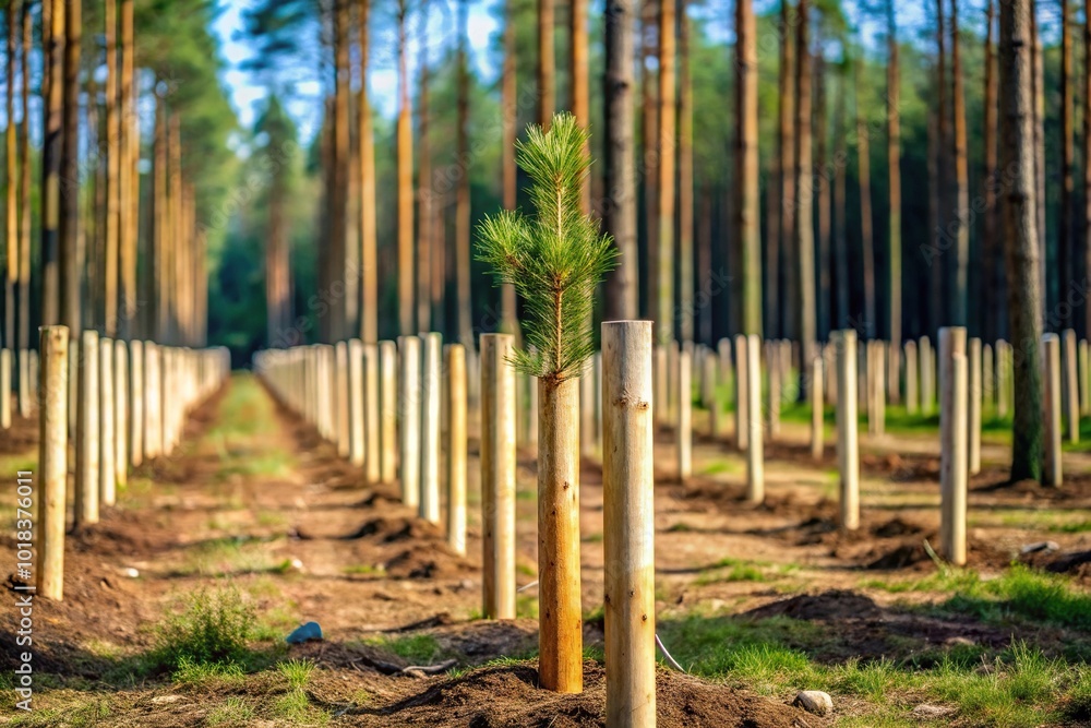Newly planted trees in row with wooden stakes in deforested area Newly planted trees in row with wooden stakes in deforested area
