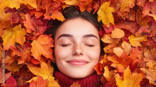 A young woman relaxes peacefully amidst vibrant autumn leaves, reflecting the beauty and warmth of the fall season.