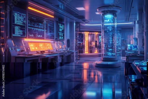 Futuristic laboratory interior with glowing screens, a large cylindrical glass chamber, and a reflective floor.