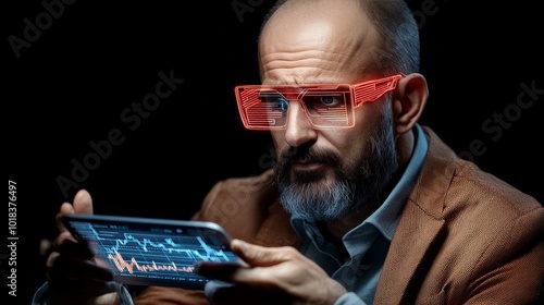 The Data Detective: A seasoned investor, clad in a brown jacket and red-tinted glasses, intently scrutinizes a tablet screen displaying a dynamic graph. photo