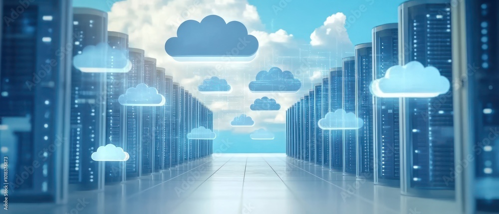 Rows of servers in a data center with clouds floating overhead, representing cloud computing and data storage. Rows of servers in a data center with clouds floating overhead, representing cloud computing and data storage.