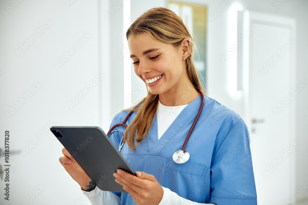 Cheerful and Smiling Female Nurse Holding a Tablet in a Modern Healthcare Environment Setting Cheerful and Smiling Female Nurse Holding a Tablet in a Modern Healthcare Environment Setting