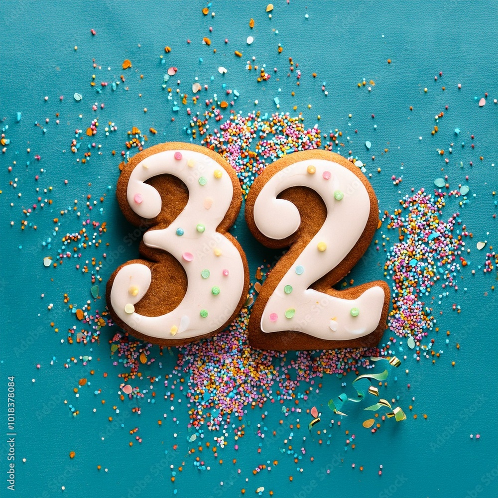 Decorated cookie, number 32, image for birthday or anniversary celebration Decorated cookie, number 32, image for birthday or anniversary celebration