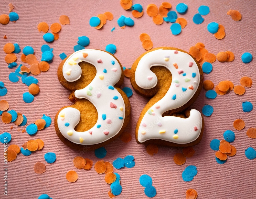 Decorated cookie, number 32, image for birthday or anniversary celebration Decorated cookie, number 32, image for birthday or anniversary celebration