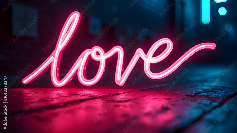 © Dackshina - Word 'Love' with neon signboard glowing background on romantic night for valentine wallpaper idea