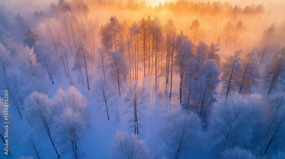 sunrise in a snowy forest, aerial photo sunrise in a snowy forest, aerial photo