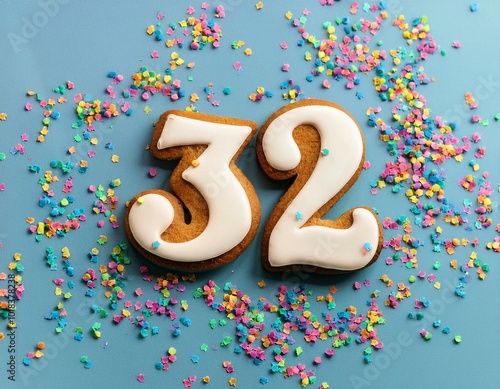 Decorated cookie, number 32, image for birthday or anniversary celebration