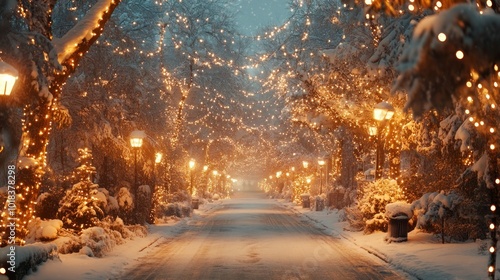 A snowy street lined with trees adorned with twinkling Christmas lights, creating a magical winter atmosphere.