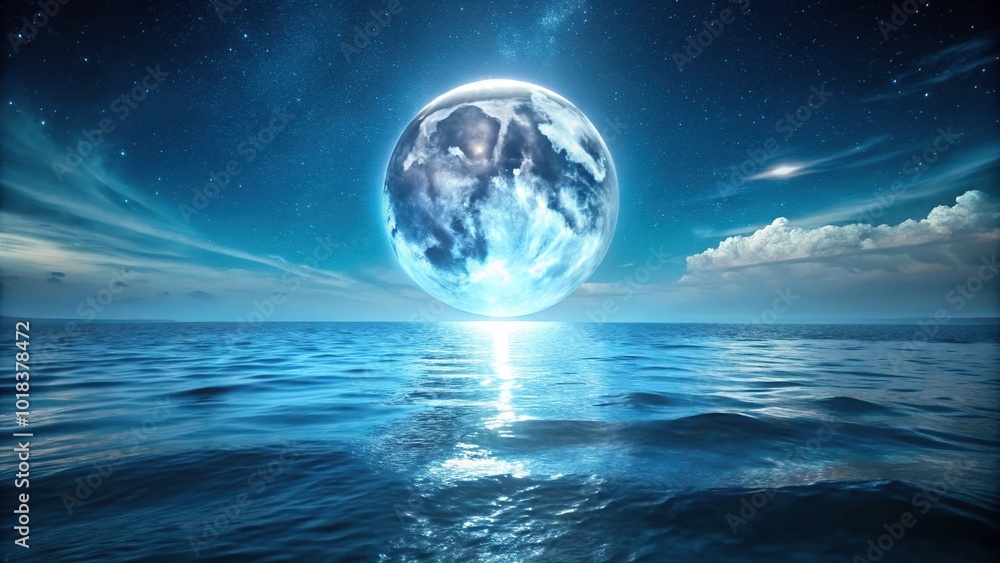 Night moon in space over the sea in cyan tones Extreme Close-Up Night moon in space over the sea in cyan tones Extreme Close-Up