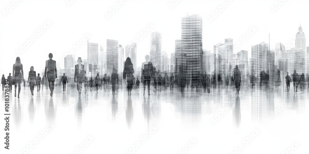 Fototapeta premium Silhouettes of people walking in front of a blurred cityscape, creating a sense of anonymity and the hustle and bustle of urban life